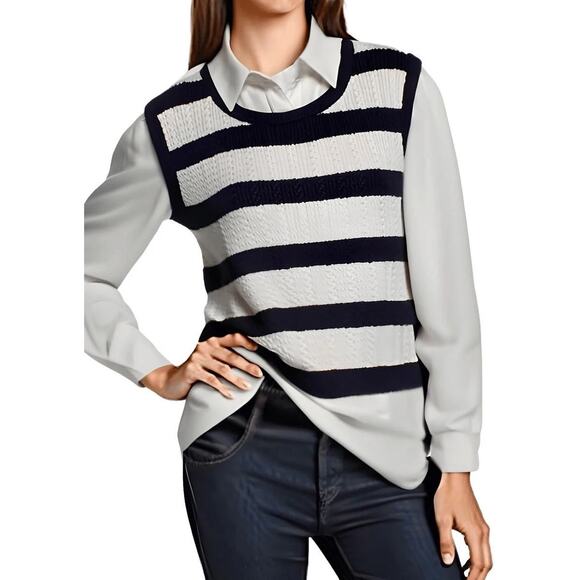 Adrianna Papell Black White Striped Twofer Sweater Vest Blouse SZ S - Picture 1 of 13